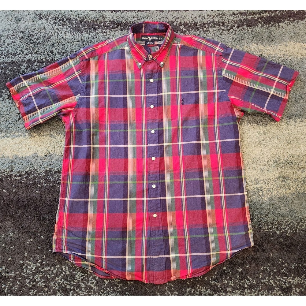 Polo Ralph Lauren Blake Blue Red Plaid Short Sleeve Shirt Mens Large 100% Cotton